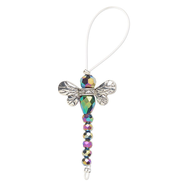 Bead, glass / glass rhinestone / antique silver finished "pewter" (zinc-based alloy), clear and opaque rainbow, 32x22mm dragonfly. Sold per pkg of 2. image number 0