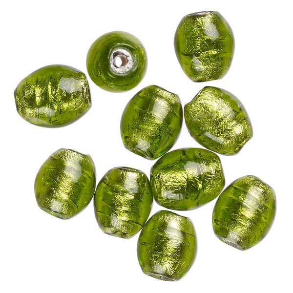 Bead, lampworked glass, opaque peridot green, 15x8mm-13x6mm flat round with silver-colored foil. Sold per pkg of 8. image number 0