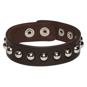 Bracelet, leather (dyed) and imitation rhodium-finished steel, dark brown, 20mm wide with round studs, adjustable at 6-1/2 and 7-1/2 inches with snap closure. Sold individually.