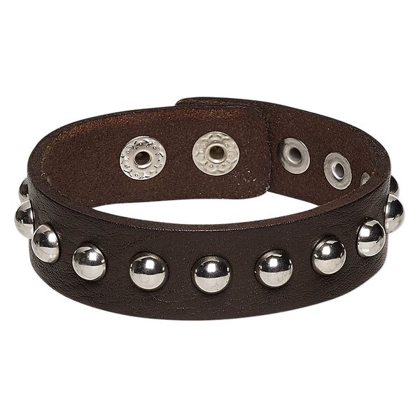 Bracelet, leather (dyed) and imitation rhodium-finished steel, dark brown, 20mm wide with round studs, adjustable at 6-1/2 and 7-1/2 inches with snap closure. Sold individually. image number 0