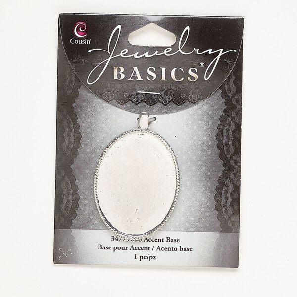 Pendant, silver-finished "pewter" (zinc-based alloy), 42x32mm beaded oval with 38x30mm oval setting. Sold individually. image number 0