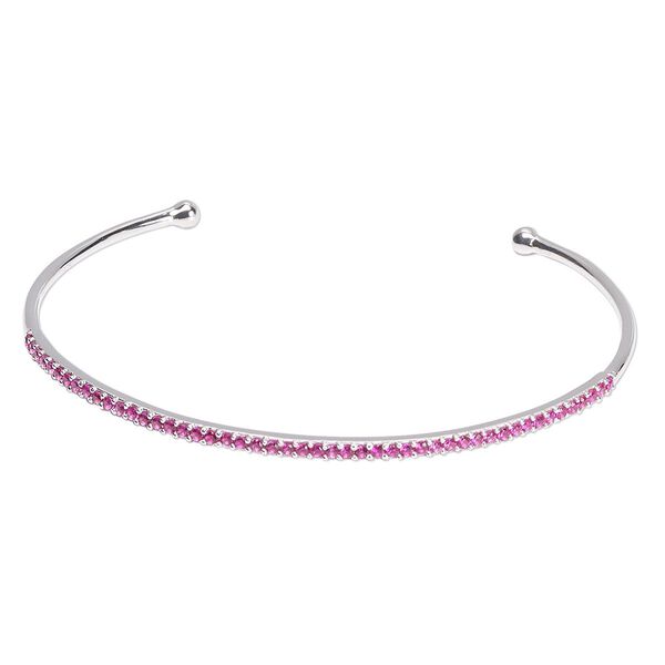 Bracelet, cuff, Create Compliments®, cubic zirconia and rhodium-plated sterling silver, fuchsia, 2mm wide, adjustable from 6-1/2 to 7 inches. Sold individually. image number 0