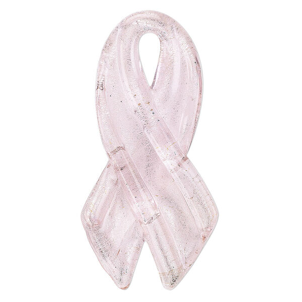 Focal, lampworked glass, opaque pink, 56x28mm-60x28mm handmade awareness ribbon. Sold individually. image number 0