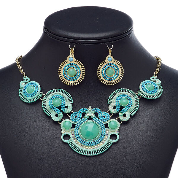 Necklace and earring set, acrylic rhinestone / acrylic / glass rhinestone / enamel / gold-finished brass / steel / "pewter" (zinc-based alloy), clear AB / turquoise blue / mint green, round, 18-inch necklace with 3-inch extender chain and lobster claw clasp, 37mm earrings with leverback ear wire. Sold per set. image number 0