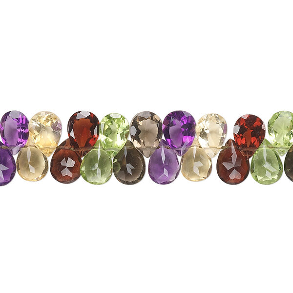 Bead, multi-gemstone (natural / heated / irradiated), 7x5mm hand-cut top-drilled faceted puffed teardrop, B grade. Sold per 8-inch strand, approximately 70 beads. image number 0