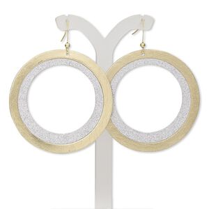 Earring, gold-finished / imitation rhodium-plated steel / brass, 2-1/2 inches with brushed and stardust open round with fishhook ear wire. Sold per pair.