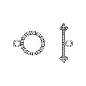 Clasp toggle 1pkg20 silver-plated "pewter" (zinc alloy), 13mm double-sided round, antique 1-strand