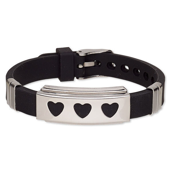 Bracelet, Softique™, silicone and stainless steel, black, 16mm wide with 39x16mm rectangle and cutout hearts, adjustable from 5-1/2 to 7-1/2 inches with buckle-style closure. Sold individually. image number 0