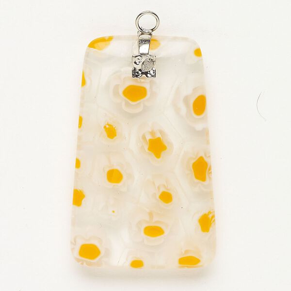 Focal 1pkg1 silver-finished steel and millefiori glass, translucent and transparent clear / white / yellow-orange, 38x23mm-39x24mm puffed trapezoid. image number 0