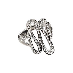 Ring, rhodium-finished "pewter" (zinc-based alloy) and glass rhinestone, clear, 25.5mm wide with looping swirl design, size 8. Sold individually.