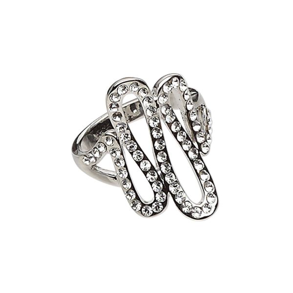 Ring, rhodium-finished "pewter" (zinc-based alloy) and glass rhinestone, clear, 25.5mm wide with looping swirl design, size 8. Sold individually. image number 0