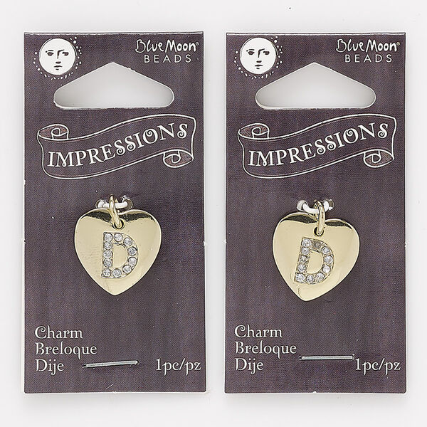 Charm, gold-finished "pewter" (zinc-based alloy) / steel / acrylic rhinestone, clear, 15.5x15mm single-sided puffed heart with letter "D." Sold per pkg of 2. image number 0