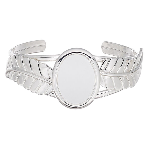 Bracelet, cuff, silver-plated brass / steel / "pewter" (zinc-based alloy), 30mm wide with 65x31mm feather and 25x18mm oval setting, adjustable. Sold individually. image number 0