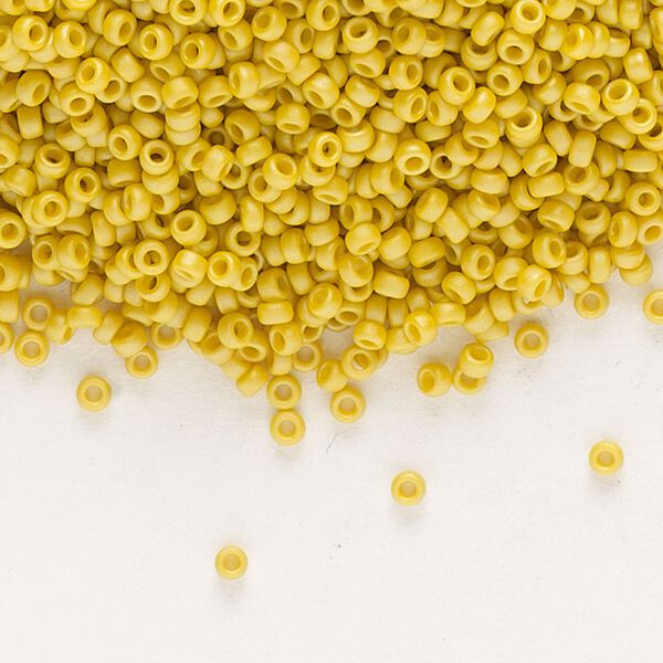 Seed bead, Miyuki, glass, pkg/35g, #15 rocaille, opaque matte rainbow citron, (RR-4692). image number 0