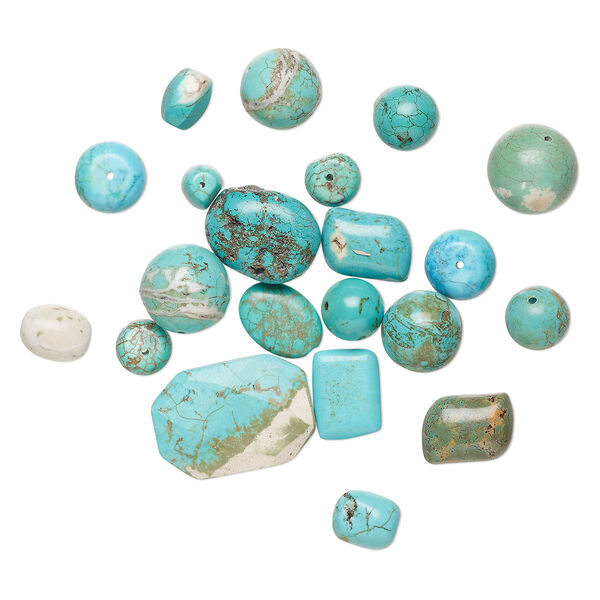 Bead mix, magnesite (dyed / stabilized), 5x4mm-40x30mm mixed shape, D- grade, Mohs hardness 3-1/2 to 4. Sold per 1/4 pound pkg, approximately 20-40 beads. image number 0