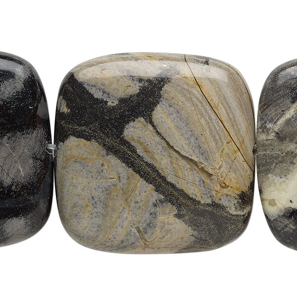Bead, black silver leaf jasper (natural), 30x30mm flat square, B grade, Mohs hardness 6-1/2 to 7. Sold per 8-inch strand, approximately 7 beads. image number 0