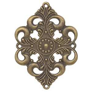 Focal, antique gold-plated steel, 42x30mm single-sided filigree diamond with 4 loops. Sold per pkg of 10.