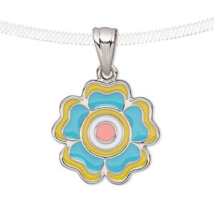 Pendant, enamel and silver-finished pewter (tin-based alloy), multicolored, 22x22mm flower. Sold individually.