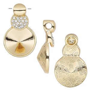 Pendant, Almost Instant Jewelry®, crystals and gold-finished "pewter" (zinc-based alloy), crystal clear, 26x16mm two-sided triple round with 14mm rivoli setting. Sold individually.
