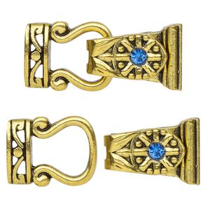 Clasp magnetic fold-over 1pkg2 "pewter" (zinc alloy), 29x13mm, antique gold-finished / blue rhinestone 2-strand