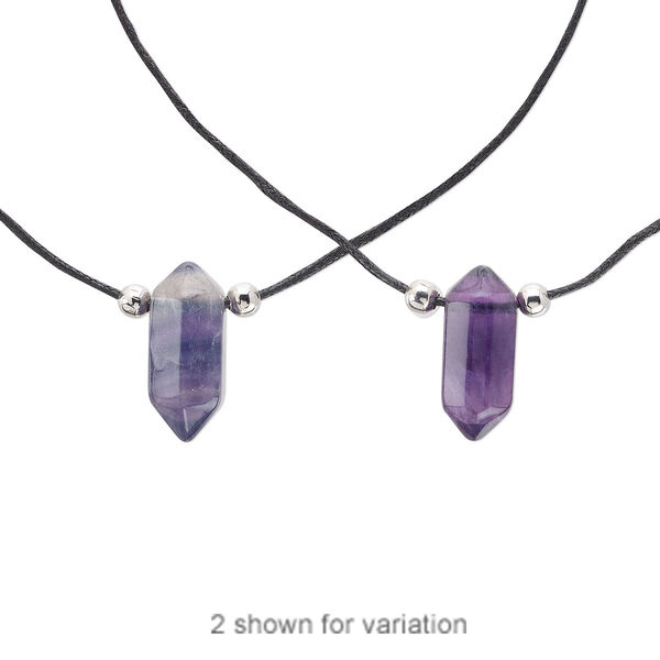 Necklace, purple fluorite (natural) / steel / waxed cotton cord, 28x13mm-33x15mm double point, 16 inches with 2-1/2 inch extender chain and lobster claw clasp. Sold individually. image number 0