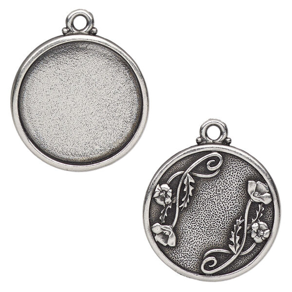 Drop, TierraCast®, antique silver-plated pewter (tin-based alloy), 29mm round with poppy design, 25.5mm cabochon setting. Sold individually image number 0