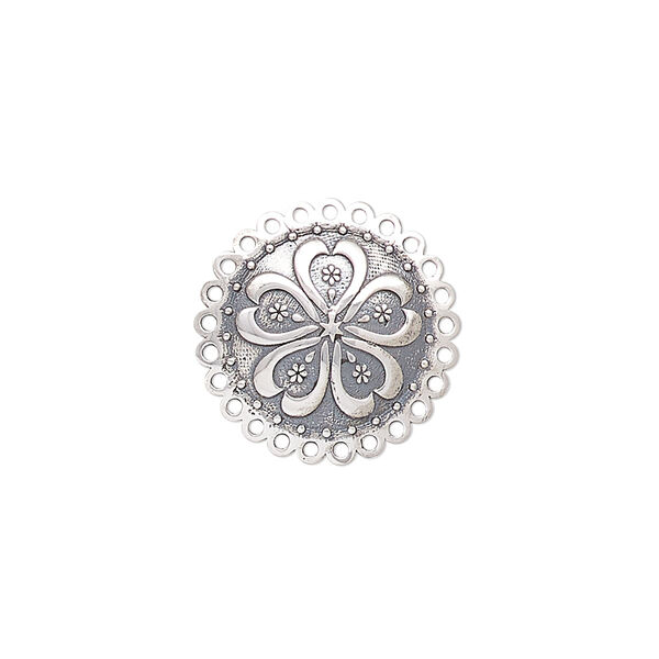 Drop, antiqued sterling silver, pkg/1, 18mm single-sided domed disc with heart and flower design. image number 0
