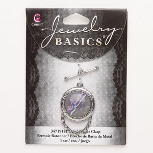 Clasp toggle 1pkg1 "pewter" (zinc alloy), 34x24mm round, silver-finished mixed-color 1-strand