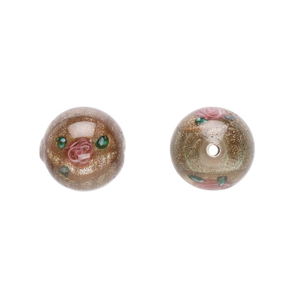 Bead, Czech lampworked glass, opaque brown / pink / green, 12-13mm round with flower design. Sold per pkg of 4. image number 0