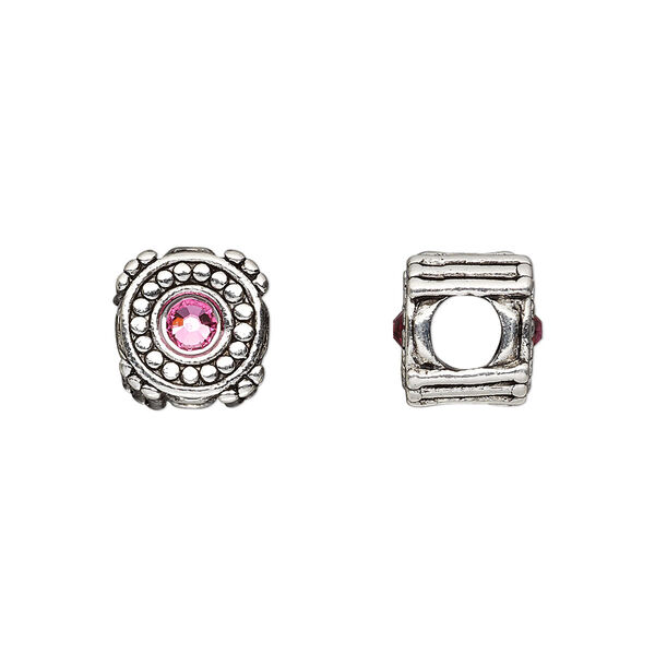 Bead, Dione®, antique silver-plated pewter (tin-based alloy) and crystal rhinestone, rose, 10mm double-sided round. Sold individually. image number 0
