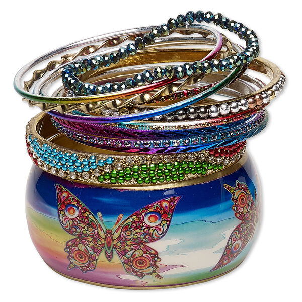 Bracelet, bangle, enamel / glass / glass rhinestone / resin / gold-finished steel / aluminum / brass, assorted colors with glitter, 2.5-37mm wide, 7-8mm inches. Sold per 12-piece set. image number 0