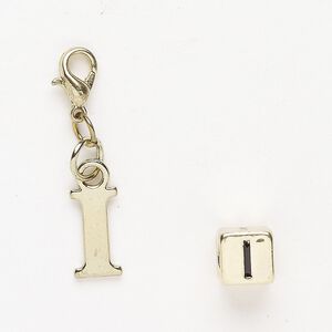 Charm and bead 1pkg2 brass-finished "pewter" (zinc-based alloy) / steel / enamel, black, 12x7mm "I" with lobster claw clasp and 7mm cube with "I".