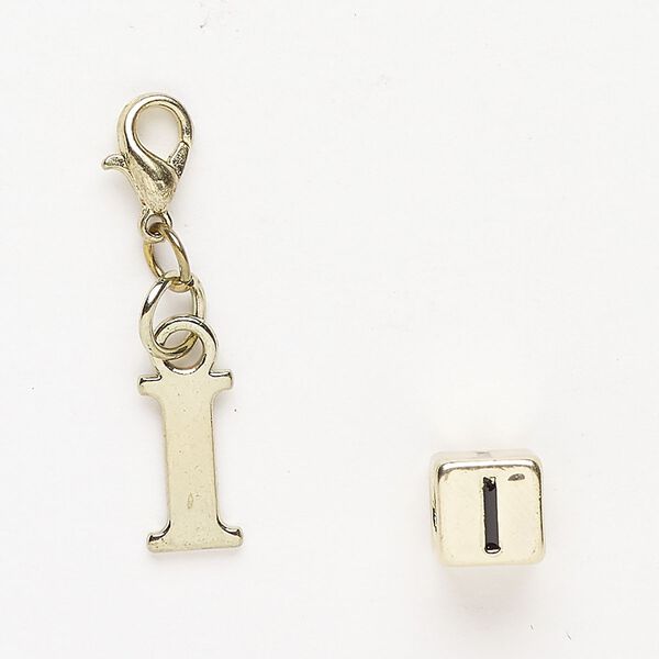 Charm and bead 1pkg2 brass-finished "pewter" (zinc-based alloy) / steel / enamel, black, 12x7mm "I" with lobster claw clasp and 7mm cube with "I". image number 0