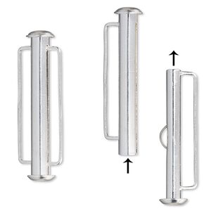 Clasp slide lock 1pkg4 silver-plated, 31x6mm round tube / fits 23x2mm cord, brass 1-strand