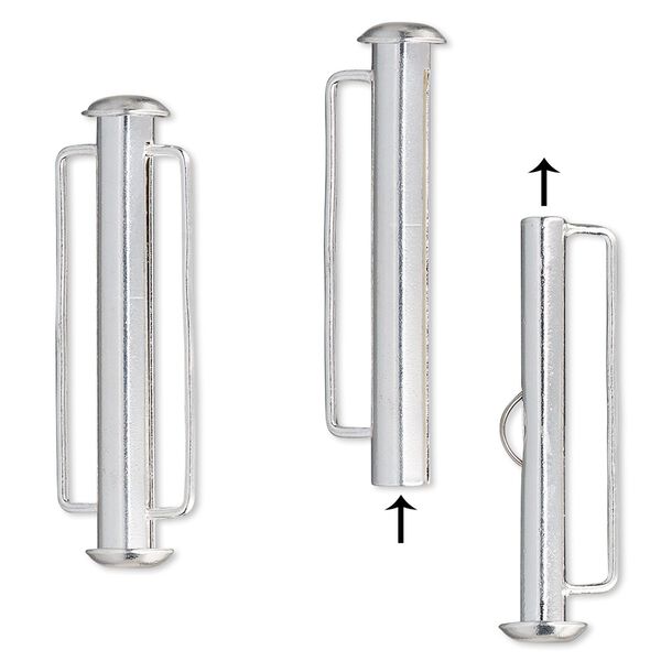 Clasp, slide lock, silver-plated brass, 31x6mm round tube. Sold per pkg of 4. image number 0