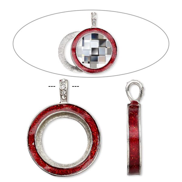 Pendant, Almost Instant Jewelry®, epoxy / crystals / imitation rhodium-finished "pewter" (zinc-based alloy), light Siam red and crystal clear with glitter, 45x35mm single-sided with 30mm round setting. Sold individually. image number 0