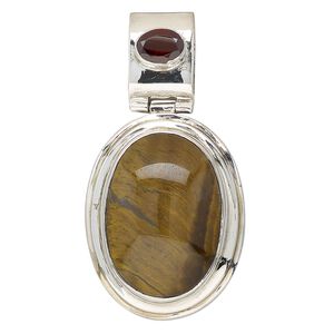 Pendant, tigereye (natural) / garnet (natural) / sterling silver, 52x28mm-55x29mm oval. Sold individually.