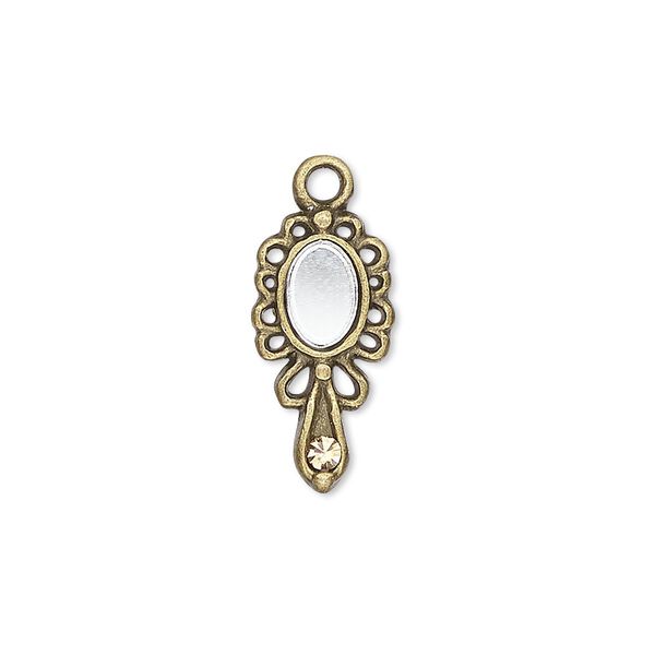 Charm, glass / glass rhinestone / antique brass-plated "pewter" (zinc-based alloy), brown, 19x10mm single-sided hand mirror. Sold per pkg of 4. image number 0