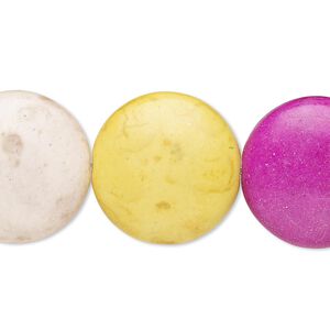Bead, "howlite" (resin) (imitation), mixed colors, 20mm puffed flat round. Sold per 8-inch strand.