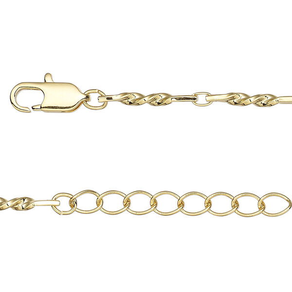 Chain, gold-finished brass, 2mm oval and twisted flat rectangle, 16 inches with 1-1/4 inch extender chain and lobster claw clasp. Sold individually. image number 0