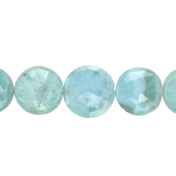 Bead, larimar (natural), 10-13mm graduated hand-cut faceted flat round, B grade, Mohs hardness 4-1/2 to 5. Sold per 4-inch strand, approximately 9 beads. image number 0