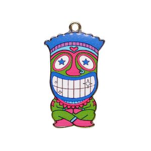 Focal, resin and gold-finished "pewter" (zinc-based alloy), blue / green / red, 31x19.5mm single-sided tiki. Sold individually.