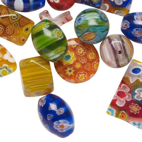 Bead mix, millefiori glass, opaque to transparent multicolored, 17x13mm-26x16mm mixed shapes. Sold per 4-ounce pkg, approximately 35 beads. image number 0