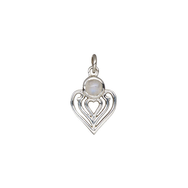 Drop, antiqued sterling silver and rainbow moonstone (natural), 14x11mm single-sided heart. Sold individually. image number 0
