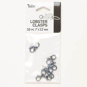 Clasp lobster claw 1pkg10 "pewter" (zinc alloy), 12x7mm, gunmetal-finished 1-strand