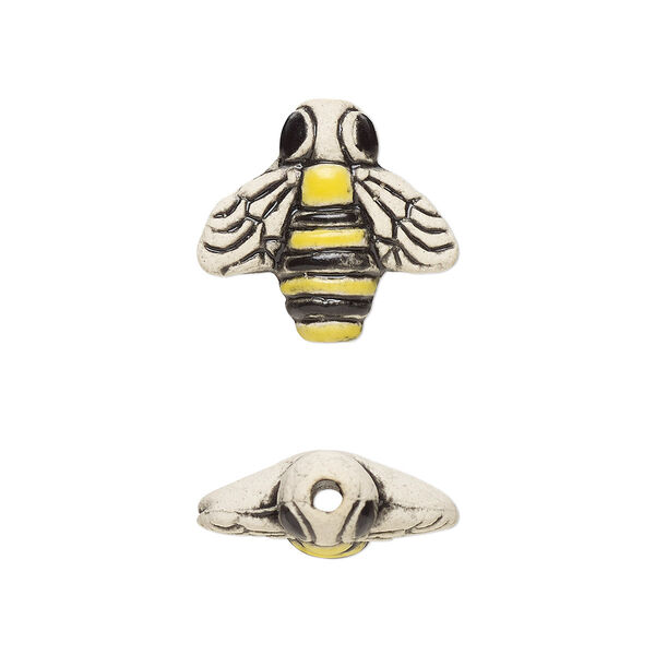 Bead, painted and glazed ceramic, black / white / yellow, 15x14mm single-sided bee. Sold per pkg of 2. image number 0