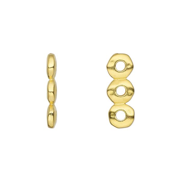 Spacer, TierraCast®, gold-plated pewter (tin-based alloy), 18x2.5mm 3-strand rondelle nugget with 2mm hole, fits up to 6mm bead. Sold per pkg of 2. image number 0