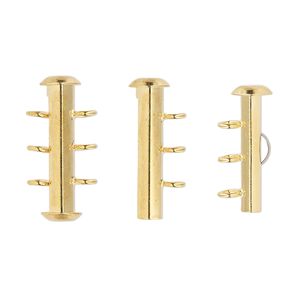 Clasp slide lock 1pkg4 gold-plated, 21x6mm round tube, brass 3-strand