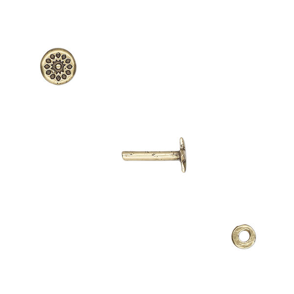 Washer and brad, antiqued brass, 4x0.7mm and 10.5x6mm with 6mm round with dot design and 1.5mm post diameter. Sold per pkg of (2) 2-piece sets. image number 0