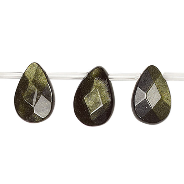 Bead, green goldstone (glass) (man-made), 14x10mm top-drilled faceted flat teardrop. Sold per 16-inch strand. image number 0